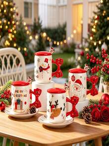1pc Christmas Ceramic Mug With Bow-Shaped Handle, Santa, Snowman & Reindeer Pattern Coffee Cup, Red Lid And Cute Stirrer Included, Holiday Table Decoration, Festive Drinkware For Coffee & Cocoa, Ideal Christmas Gift For Family And Friends - Multicolor - View 13