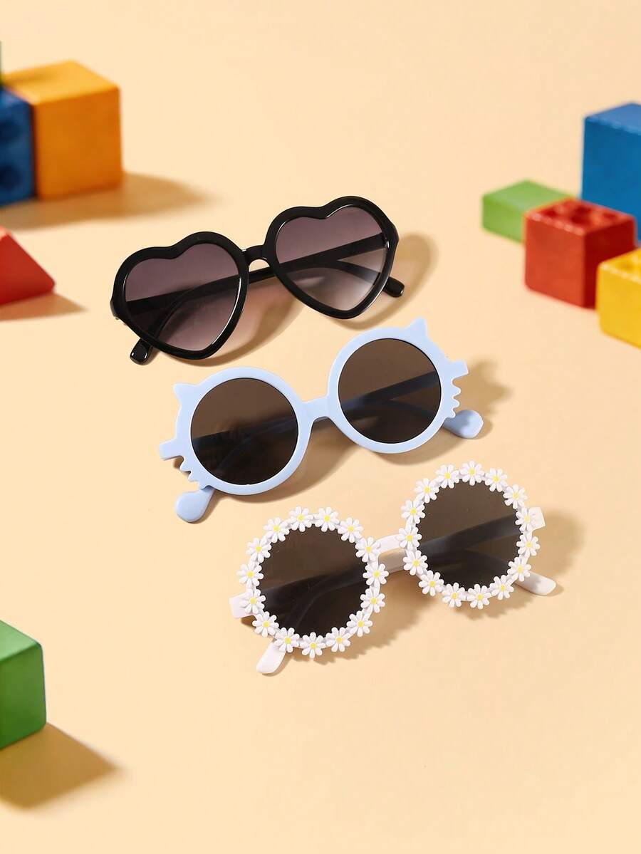 1set 3pcs Kids 3-8Y Mixed PC Frame Glasses, Daisy & Heart & Cat Design, Cute Fashion Eyewear For Party Daily Wear With Glasses Box - Multicolor - View 1
