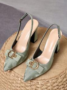 Light Green Jacquard Pointed Toe Chunky Heel Slingback Shoes With Metal D-Ring Bow Closed Toe Women's Elegant Party High Heels - Mint Green - View 6