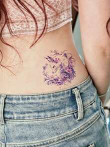 1pc Temporary Tattoo, Watercolor Purple Nine-Tailed Fox With Floral Pattern, Realistic Fake Tattoo Design, For Daily, Bachelorette Party Favors, Music Festival, Game, Graduation Gift, Lasts 3-5 Days - Multicolor - View 5