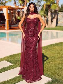 Elegant Women's Strapless Mermaid Sequin Evening Gown With Detachable Shawl, Luxurious Long Formal Dress For Balls And Special Occasions - Burgundy - View 4
