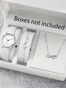 Women's Fashion Minimalist Digital Small Dial Quartz Watch + Jewelry Set (3pcs/Set) - White - View 1