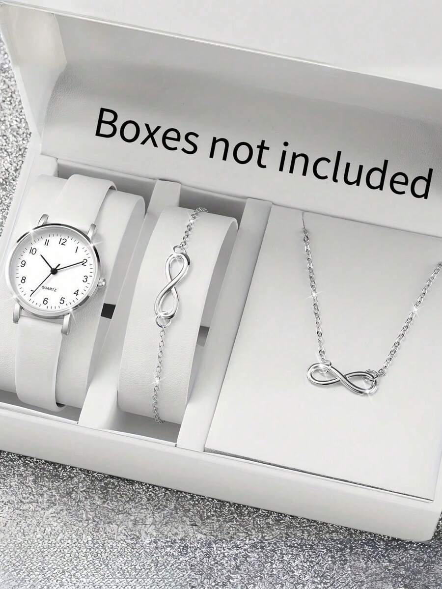 Women's Fashion Minimalist Digital Small Dial Quartz Watch + Jewelry Set (3pcs/Set) - White - View 1