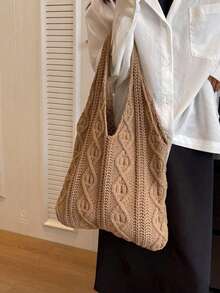 Women's Tote Bag/Handbag, Back To School Crochet Woven Bag, Large Women's Handbag, Women's Knitted Shoulder Bag, Crochet Woven Bag, Girls' Crochet Woven Bag, Summer Beach Tote Bag, Large Capacity Student Summer Tote Bag, Women's Beach Sand-Proof Knitted Shoulder Bag, Vintage Hollow Out Supermarket Shopping Handbag. Christmas, Halloween, Mother's Day Gift. - Camel - View 4