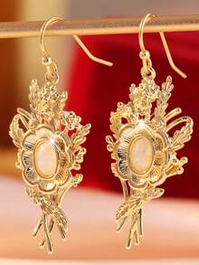YOYO 1 đôi bông tai treo phong cách bó hoa sang trọng cho nữ - với họa tiết lá chạm khắc tinh xảo, hoàn hảo cho đám cưới và tiệc tùng - Vàng - Xem 3