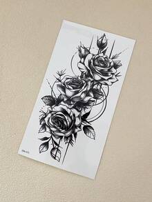 1pc Waterproof Black Flower Temporary Tattoo, Rose Floral Tattoo Sticker Suitable For Hand, Arm And Body Decor, Fake Tattoo For Women Men, Holiday Party Body Decal - Black - View 8
