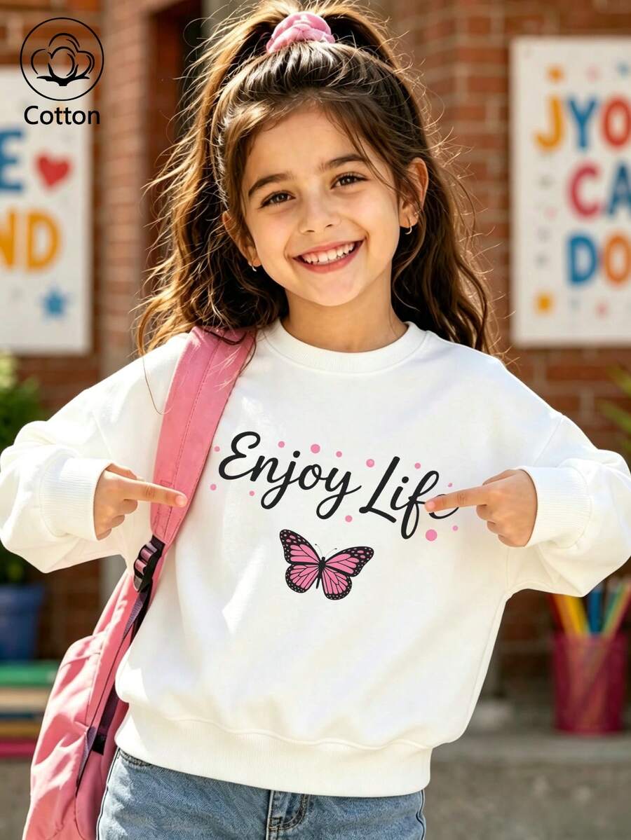 Delicate Pink Butterfly, Sweet Girls' Sweatshirt - White - View 1