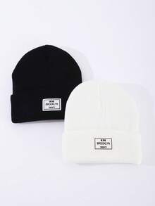 2pcs Women's Fashion Solid Color Versatile Fabric Label Beanie Knit Hat Warm Beanie Cap Suitable For Autumn/Winter Daily Wear And Travel - A - View 13