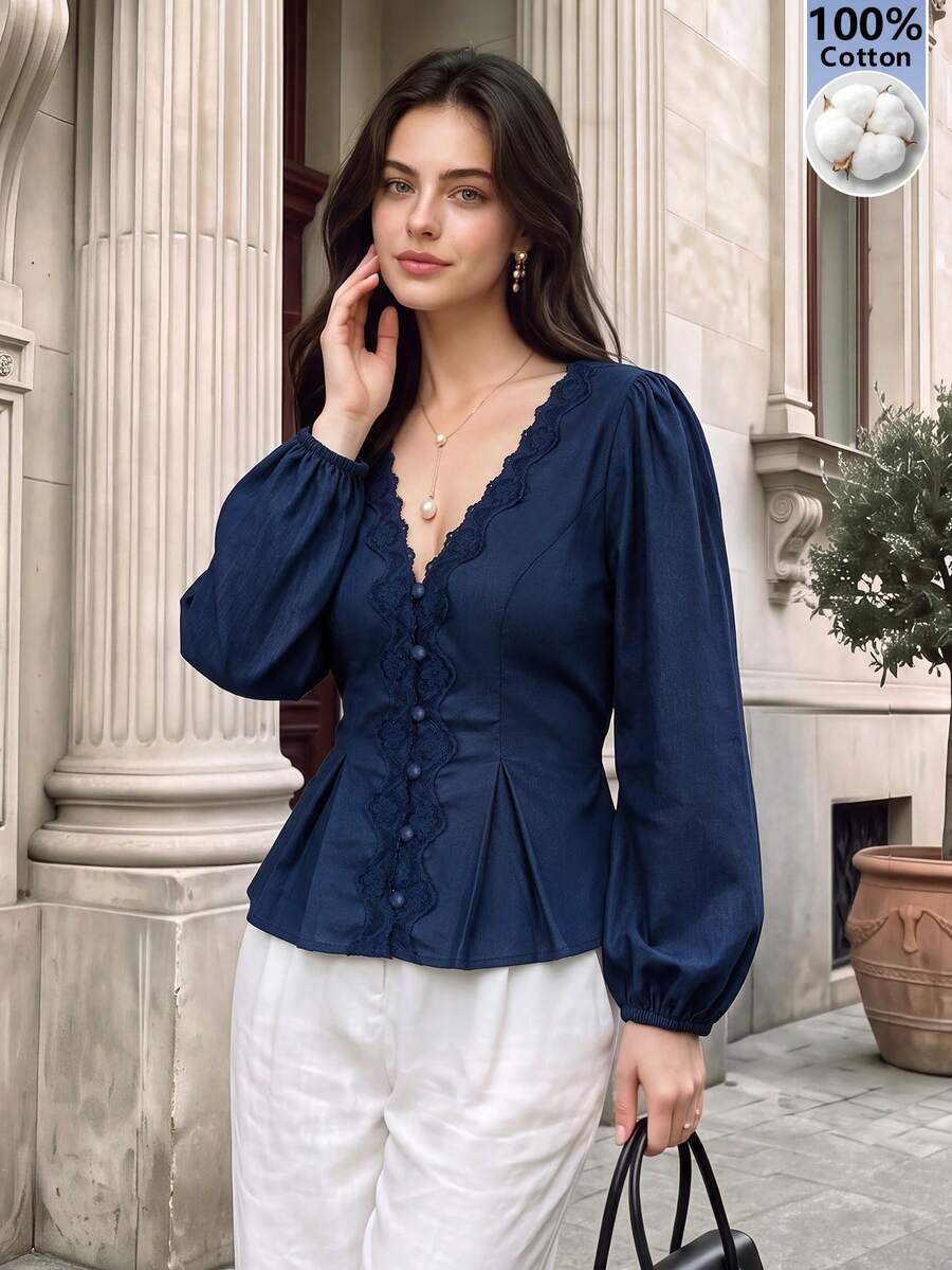 Fall Women Lace Trim V‑Neck Peplum Blouse, Puff Long Sleeve Button Front Tie‑Back Fitted Top - Navy Blue - View 1