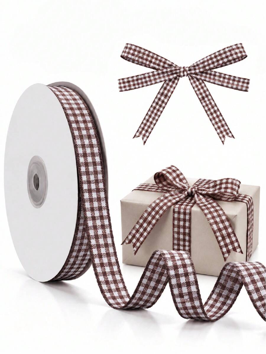 2pcs/1pc Brown & White Plaid Ribbon Bow, Plaid Fabric Handmade Ribbon Roll, Suitable For Party Decoration, Holiday Gift Wrapping, Creative Gift For Friends And Family