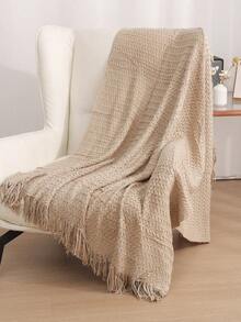 1pc Solid Color Knitted Blanket, Nordic Style Tasseled Design Soft Throw Blanket, Suitable For Office Nap, Bed, Sofa, Daily Use - Khaki Shell Scarf - View 1