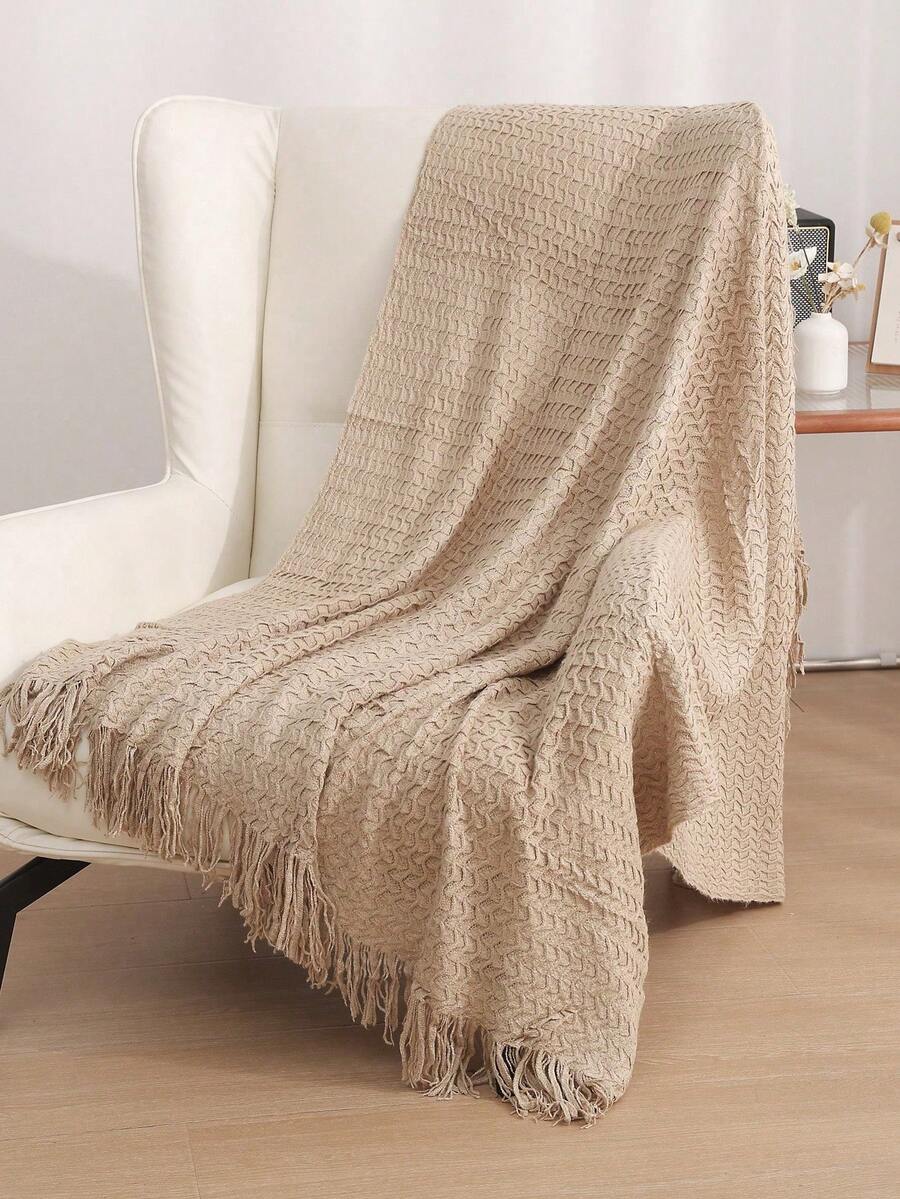 1pc Solid Color Knitted Blanket, Nordic Style Tasseled Design Soft Throw Blanket, Suitable For Office Nap, Bed, Sofa, Daily Use - Khaki Shell Scarf - View 1