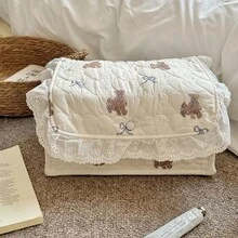 可愛熊愛心絎縫化妝包，蕾絲荷葉邊裝飾柔軟化妝收納袋，居家收納盒，收納籃，內衣收納籃，臥室/旅行 - 米色 - 查看 12