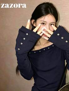 鉚釘不對稱肩寬鬆長袖針織T恤打底上衣 初秋款 - 藏青色 - 查看 1