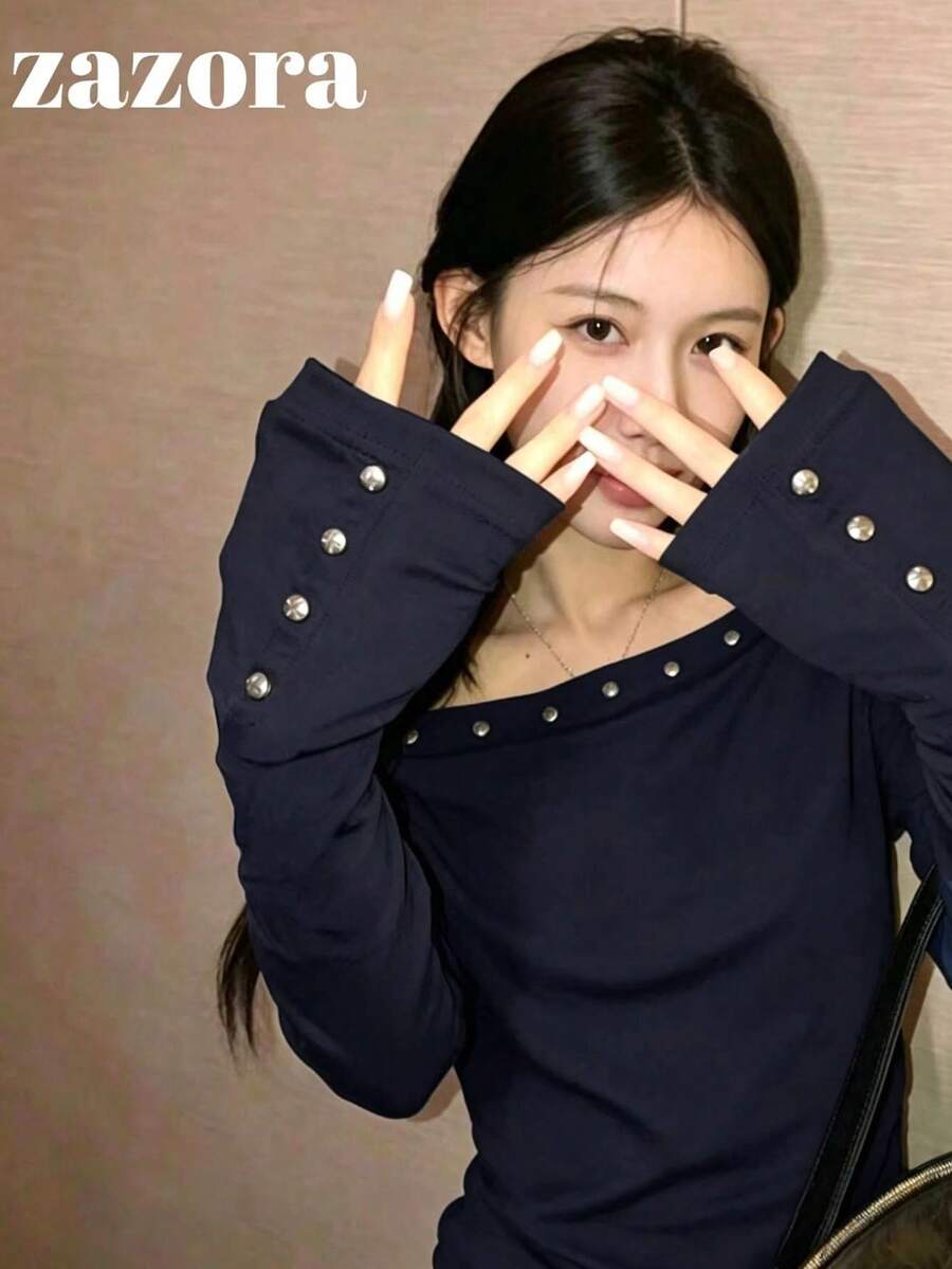 鉚釘不對稱肩寬鬆長袖針織T恤打底上衣 初秋款 - 藏青色 - 查看 1