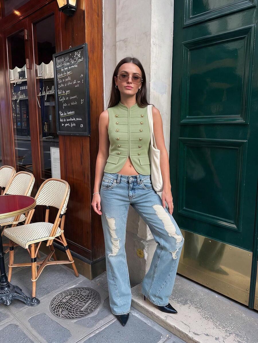 Women's Vintage Military Style Knitted Vest, Front Button-Up Zipper Design, Sleeveless Top - Green - View 1