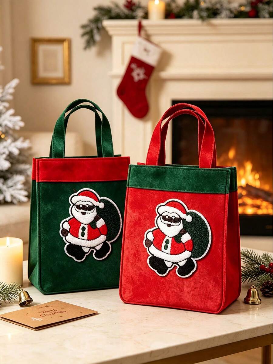 1Pc Red & Green Santa Patch Tote Bag, Vintage Style Rectangular Handbag, Gift Carrier For Christmas Holiday Gift Packing,Shower Curtain For Bathroom,Shower Curtains