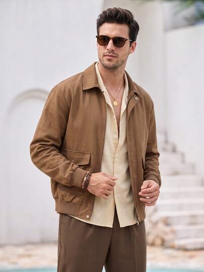 Mercer Haus Men's Autumn Old Money Style Lapel Jacket, Solid Color Workwear Large Pocket Coat, Cleanfit Daily Streetwear Top
