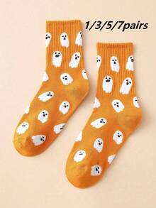 1/3/5/7 Pasang Kaos Kaki Wanita Motif Hantu Lucu Setinggi Betis, Halloween - Kuning - View 8