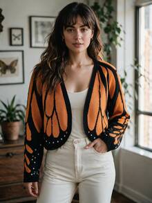 Women's Colorblock Butterfly Wing Pattern Knit Cardigan, Cute Scalloped Edge Floral Pattern Knit Top, Suitable For Vacation Wear - Orange - View 2
