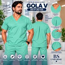 Blusa Scrub Masculina Gola V com Bolsos Uniforme Hospitalar Profissional P ao GG - Verde agua - Visão 2