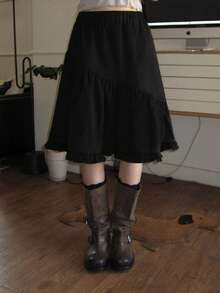 Japanese Style Elastic Waist Asymmetrical Ruffle A-Line Skirt - Black - View 2