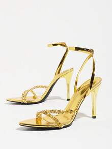 Women's High Heel Sparkling Rhinestone Single Strap Pointed Toe Stiletto High Heel Sandals, Spring/Summer Party Evening Wedding Sexy Open Toe Glamorous Style Gold Color Elegant High Heel Sandals - Gold - View 4