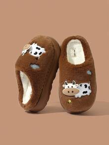 Winter Indoor Plush Slip-On Slippers For Women, Cartoon Cow Doll Decor, Fuzzy Bedroom Couple Slippers For Men And Women, Holiday Fun - Brown - View 6