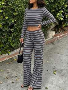Casual Fashion Striped Round Neck Long Sleeve Wide Leg Pants Set - Blue - View 5