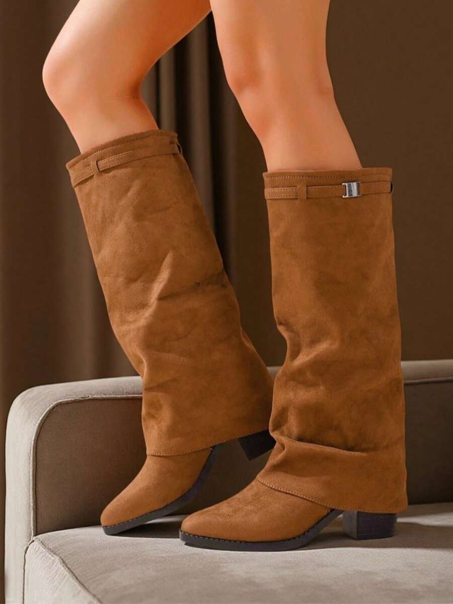 Maillard 女款麂皮高筒靴,秋冬款,可折疊 2 合 1 設計配腰帶扣,楔形跟騎士靴,修飾粗腿,高筒 - 淺棕色 - 查看 1