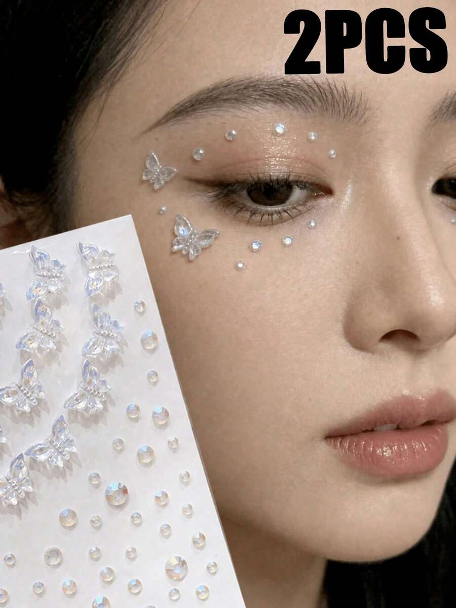 2/1pc Aurora Butterfly Face Stickers, 3D Translucent Butterfly Stickers, Multi-Size Round Rhinestones, Self-Adhesive Backing, Easy And Firm Application. Rainbow Butterfly Wings Reflect Delicate Sparkle, Asymmetrical Rhinestone Arrangement, Suitable For Eyes, Cheekbones And Brow Bone To Create Dreamy Makeup. Perfect For Hanfu Makeup And Stage Performance - Multicolor - View 1