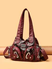 Y2K Millennium Style Leopard Print Patchwork Women's Bag, Vintage Distressed Multi-Pocket Tote Bag With Metal Decoration, Large Capacity Shoulder And Crossbody Bag - Burgundy - View 5