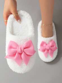 Sweet Cute Macaron Color Large Bow Plush Warm Soft Sole Women's House Slippers Floor Socks - White - View 5