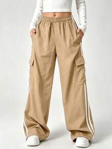 1pc Teen Girls' Casual Sports Side Stripe Pocket Wide Leg Pants, Spring Summer Autumn - Khaki - View 2