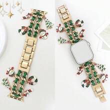 Halloween Christmas Fun Colorful Leather Oil-Drip Skull, Christmas Tree, Snowflake Pendant Metal Bracelet Watch Band Compatible With Apple Watch, Decorative Replacement Wristband Compatible With Apple Watch 38/40/41/42/44/45/46/49mm, Adjustable Length, Easy To Operate (Band Only, Watch And Case Not Included) - Green Gold - View 6