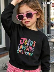 Svart hoodie för barn med färgglatt mönster "Jesus Loves Me, I Know" tryckt på, lämplig för dagligt bruk under vår och höst. - Svart - Visa 1