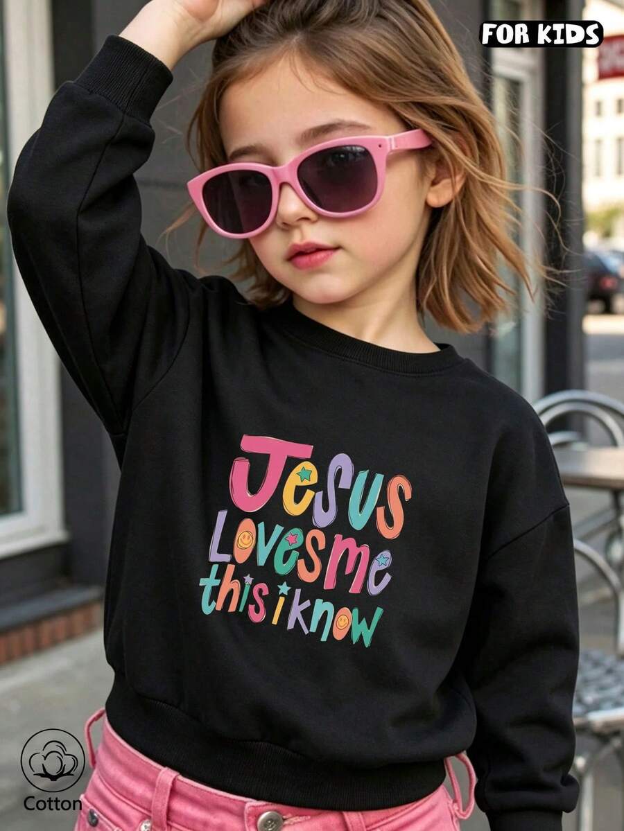 Svart hoodie för barn med färgglatt mönster "Jesus Loves Me, I Know" tryckt på, lämplig för dagligt bruk under vår och höst. - Svart - Visa 1
