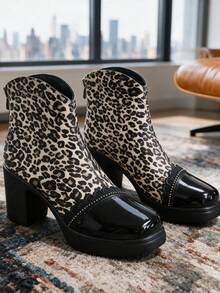 Autumn/Winter New Black Leather Ankle Boots For Women, Leopard Print Rhinestone Decor, Chunky High Heel, Side Zipper, Slimming, Daily Commute - Black - View 2