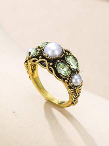 ZHIXUN 1pc Green Vintage Inlaid Cubic Zirconia Women's Ring Hand Carving Flower Jewelry Daily Wear Party Anniversary Gift - Ring - View 7