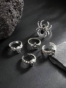 1 buah Set Cincin Vintage Punk Dark Gothic Metal dengan Hiasan Tengkorak Laba-laba dan Batu Permata, Aksesori Pria Gaya Rock Street yang Dipersonalisasi, Perhiasan Halloween - Antique Silver - View 4