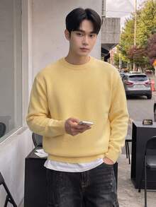 Men's Casual Loose Fit Solid Color Pullover Sweater, Streetwear American Style, Round Neck, Long Sleeve, Versatile, Autumn/Winter - Yellow - View 2