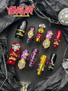10pcs Handmade Long Square Nails Press On Nails,Red, Black,Purple, Base Color,3D Heart, Rhinestone Decoration Design,Christmas Atmosphere,Autumn&WinterY2K Nails,With Jelly Glue&Nail File,Suitable For Christmas Family Gatherings,Role-Playing Use - Multicolor - View 4