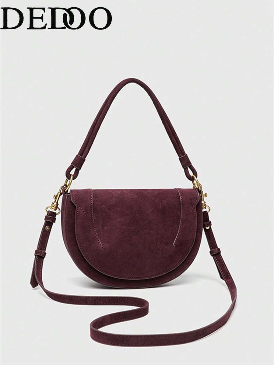 ZA New Autumn Women's Burgundy Velvet Saddle Bag, Contrast Stitching Design, Handheld Shoulder Crossbody Flap Hard Shell Bag