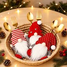 1/3/6pcs Holiday Christmas Tableware Holder - Santa Claus And Gnome Design Fabric Tableware Organizer With Heart Accents, Red And White Stripes And Polka Dot Patterns, For Holiday Dinner Decoration, Christmas Table Decor, Tableware Not Included - Multiple Styles - View 8