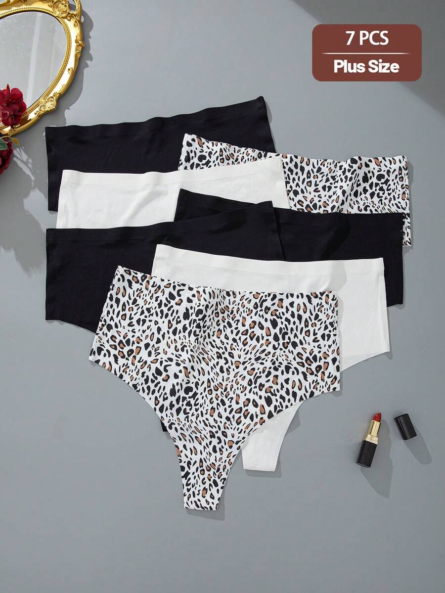 7pcs Seamless Plus Size Thongs, Sexy Fashion Casual Comfortable New Solid Color Leopard Print, Suitable For Valentine's Day And Christmas