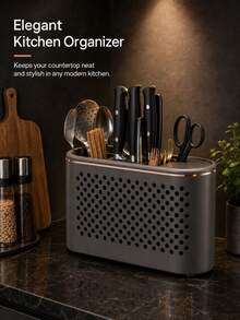 2 Pcs Multifunctional Kitchen Knife Holder, With Seasoning Box And Removable Drain Tray, Ventilated Back Design For Quick Drying,Chopsticks, Spoons And Scissors, Black,Grey And White - Gun Gray - View 6