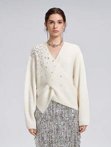 Rich Radi Q's Fashion Women's V-Neck Knit Top, Embellished With Sparkling Rhinestones, Long Sleeve, Unique Wrap Detail, Winter Fashion Outfit Choice - White - View 1