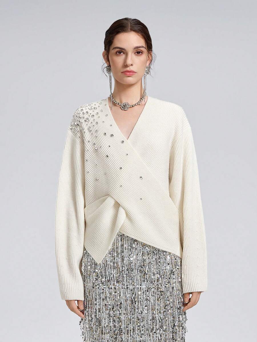 Rich Radi Q's Fashion Women's V-Neck Knit Top, Embellished With Sparkling Rhinestones, Long Sleeve, Unique Wrap Detail, Winter Fashion Outfit Choice - White - View 1