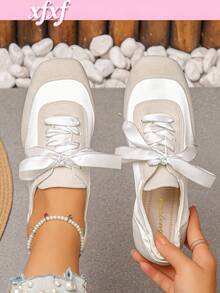 XfxfLadies' Color Blocked Flat Casual Shoes With Elastic Pleats At The Heel, Suitable For Casual Daily/Commuting/Shopping/Travel Wear. - Beige - View 2