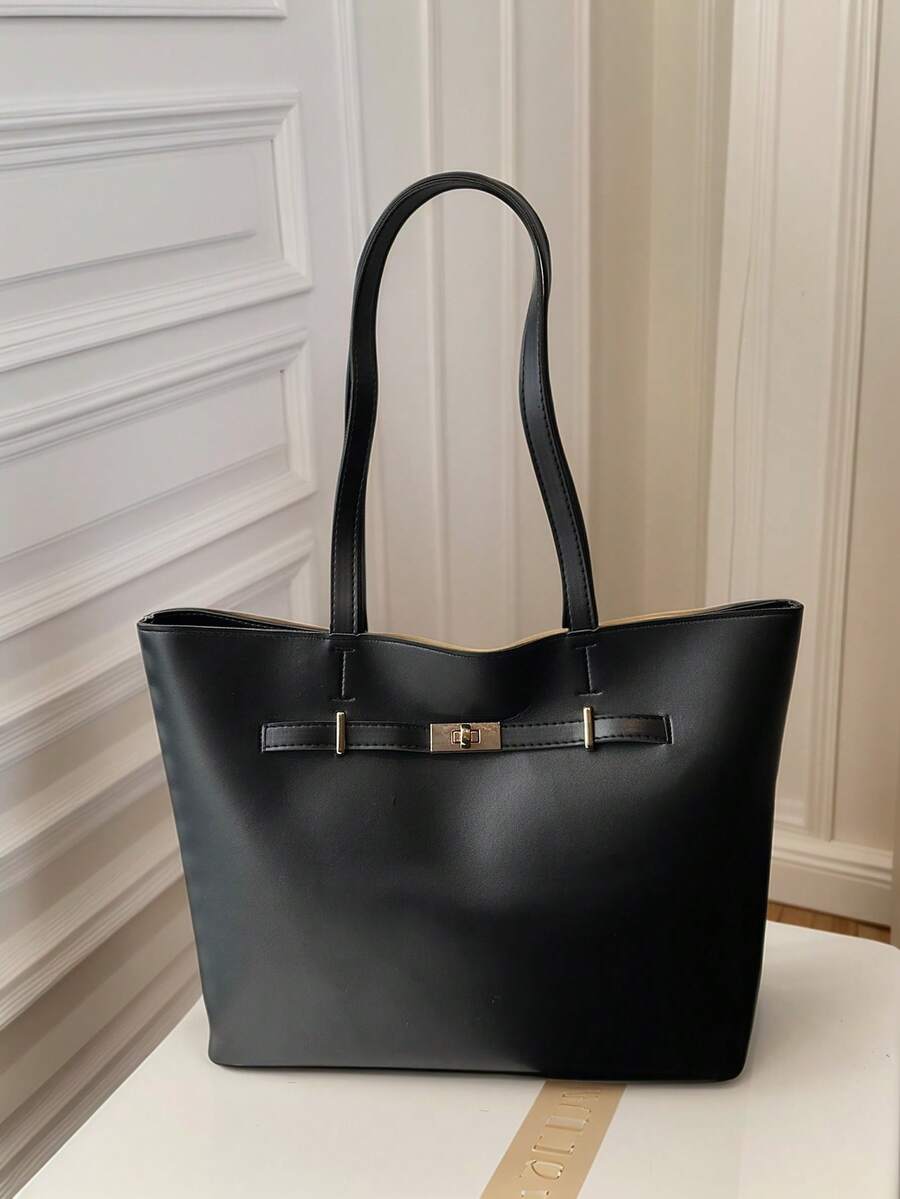 Women's Solid Color Quilted Fashion Large Capacity Shoulder Combination Tote Bag, Magnetic Closure, Street Casual, Photogenic, Daily Commute, Large Size - Black - View 1